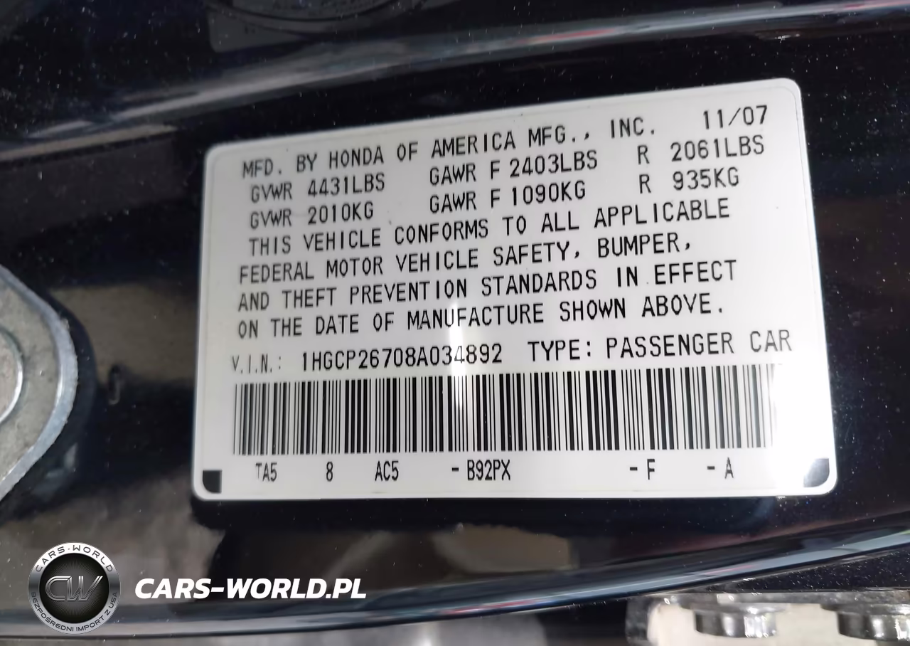 2008 Honda Accord 2.4 Ex VIN:1HGCP26708A034892 - 9