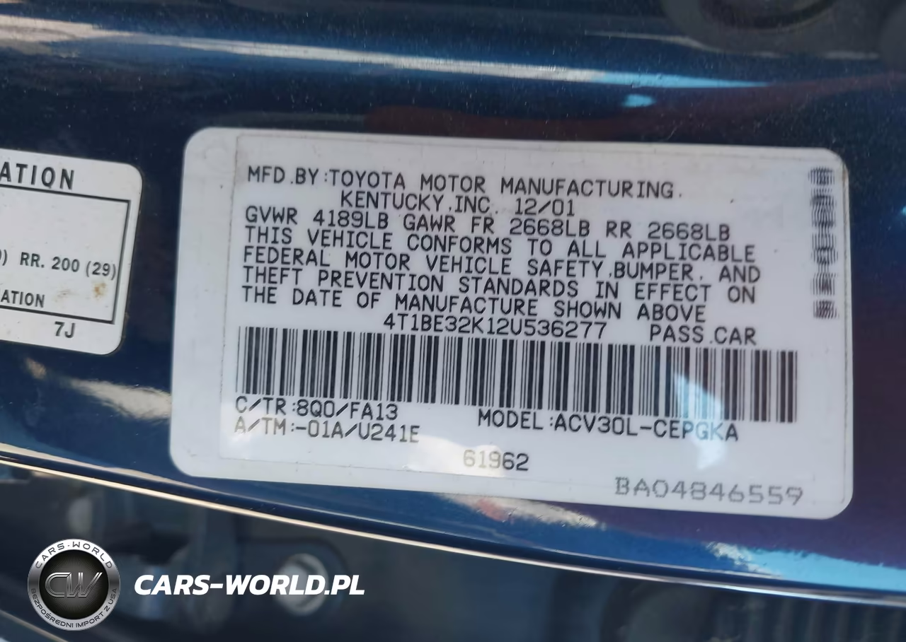 2002 Toyota Camry Xle VIN:4T1BE32K12U536277 - 9