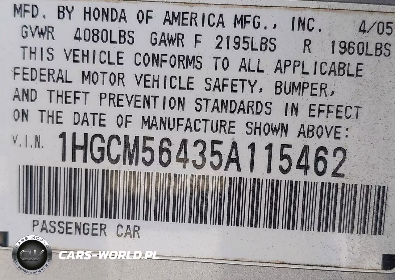 2005 Honda Accord 2.4 Lx VIN:1HGCM56435A115462 - 9