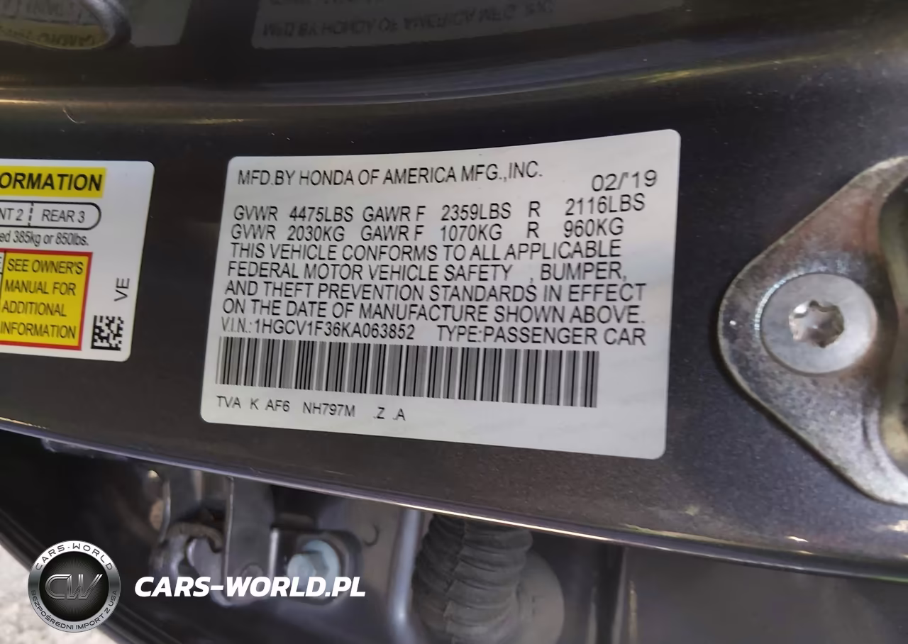 2019 Honda Accord Sport VIN:1HGCV1F36KA063852 - 9