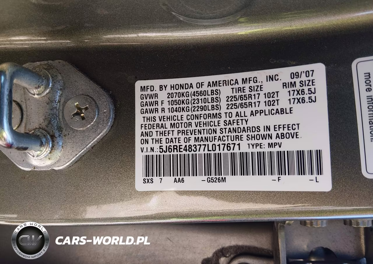 2007 Honda Cr-V Lx VIN:5J6RE48377L017671 - 9