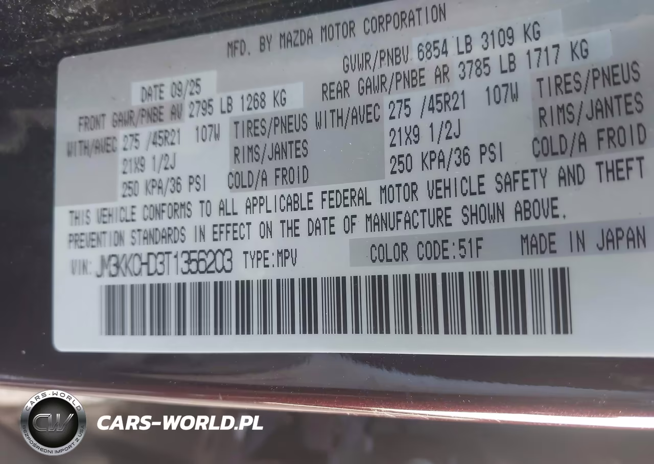 2026 Mazda Cx-90 3.3 Turbo Premium Sport VIN:JM3KKCHD3T1356203 - 9