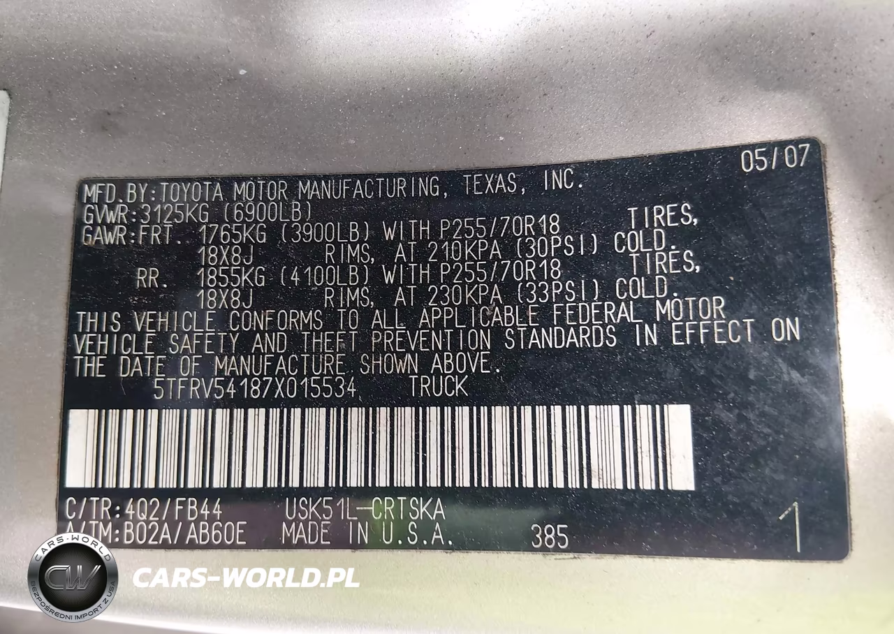 2007 Toyota Tundra Sr5 V8 VIN:5TFRV54187X015534 - 9