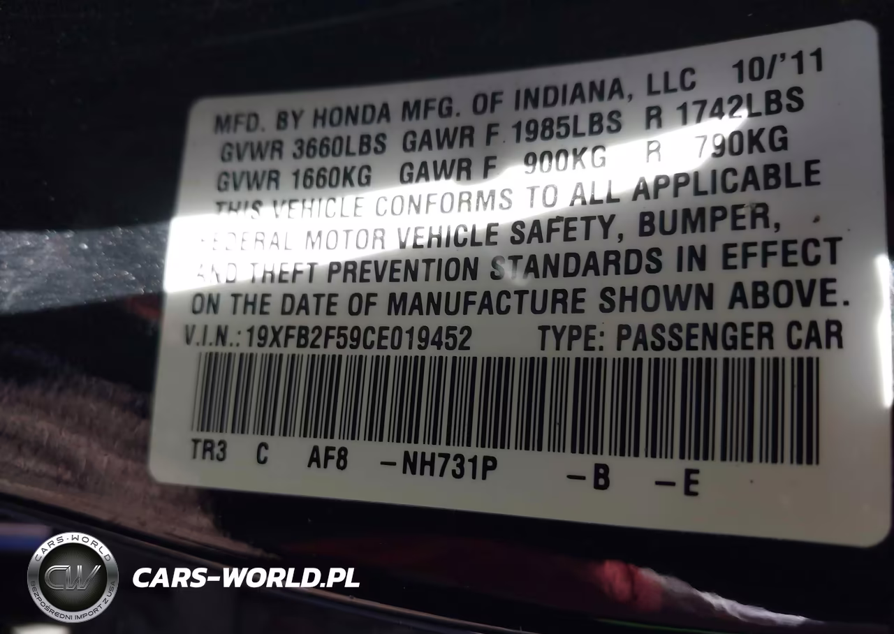 2012 Honda Civic Lx VIN:19XFB2F59CE019452 - 9