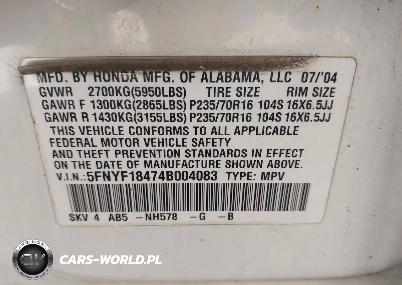 2004 Honda Pilot Ex VIN:5FNYF18474B004083 - 9