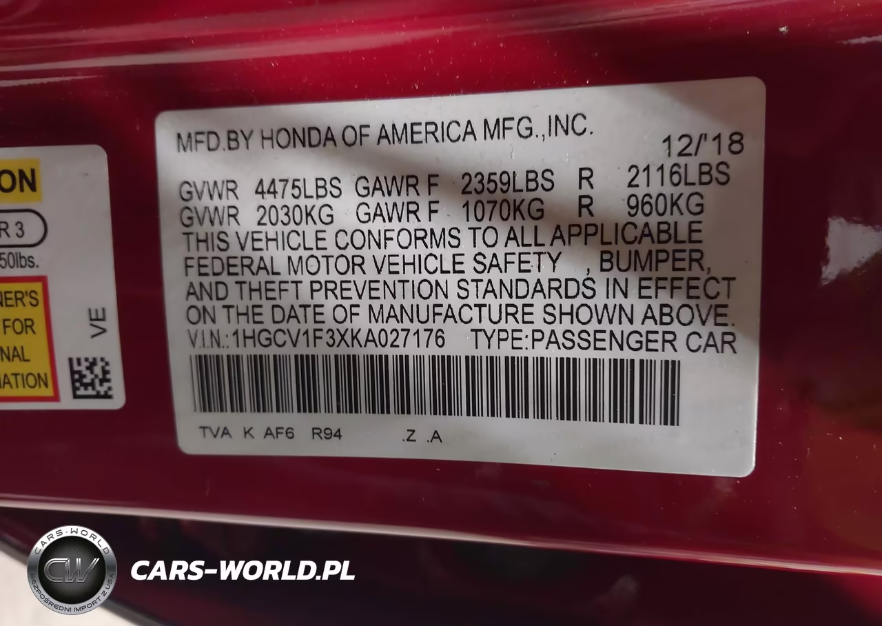 2019 Honda Accord Sport VIN:1HGCV1F3XKA027176 - 9