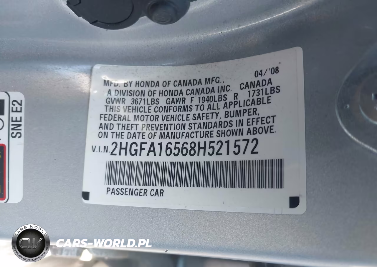 2008 Honda Civic Lx VIN:2HGFA16568H521572 - 9