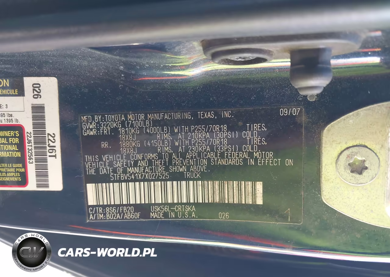 2007 Toyota Tundra Sr5 5.7L V8 VIN:5TFBV541X7X027525 - 9