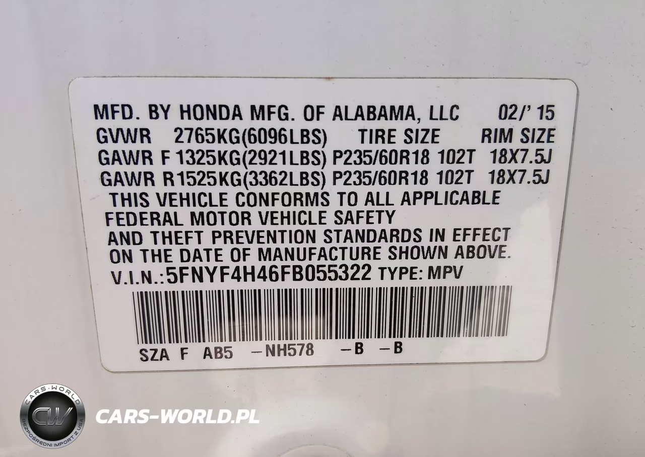 2015 Honda Pilot Ex VIN:5FNYF4H46FB055322 - 9