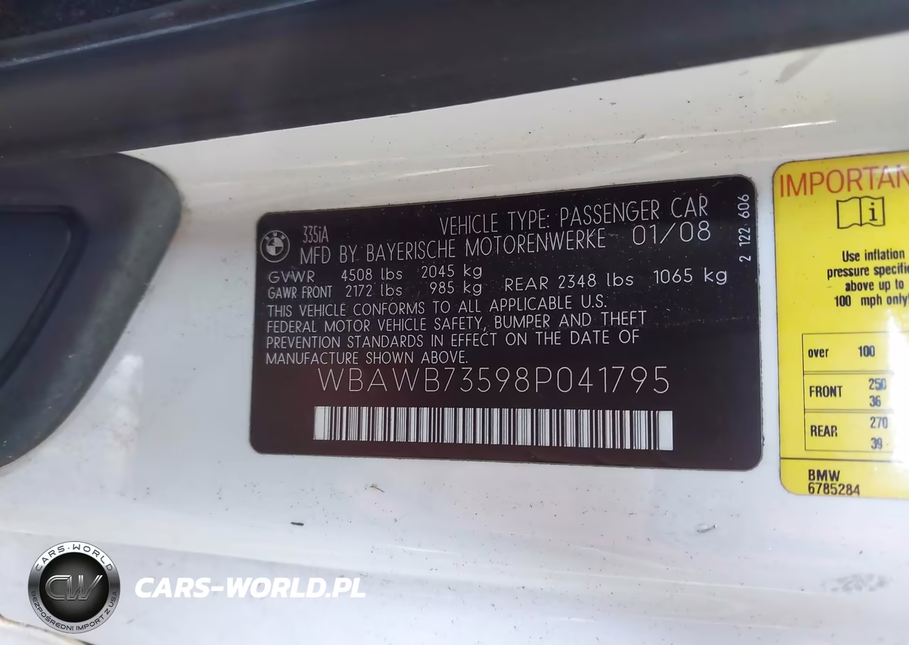 2008 BMW 335I VIN:WBAWB73598P041795 - 9