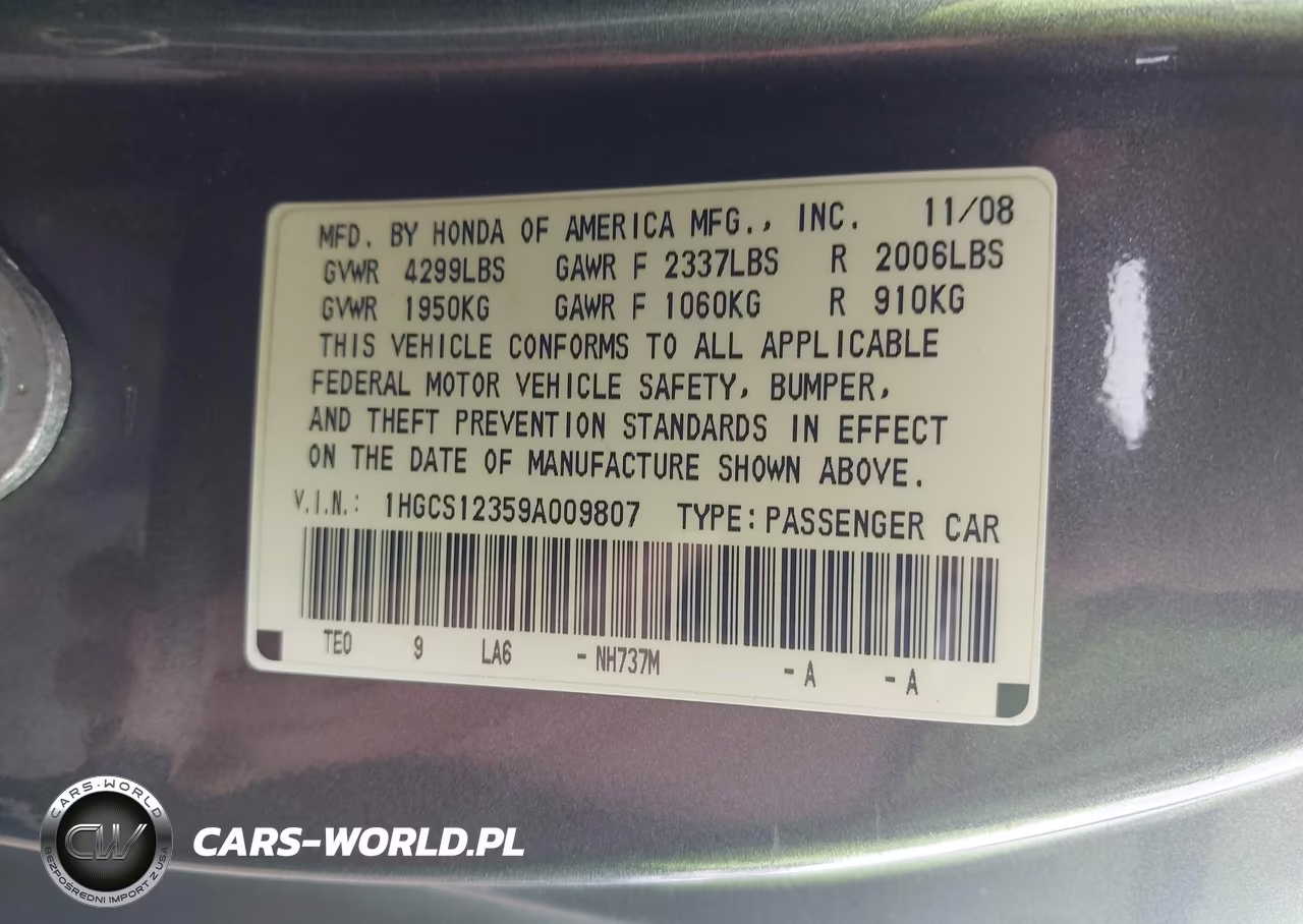 2009 Honda Accord 2.4 Lx-S VIN:1HGCS12359A009807 - 9
