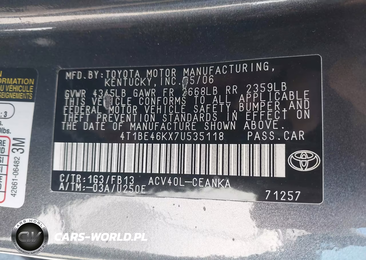 2007 Toyota Camry Le VIN:4T1BE46KX7U535118 - 9