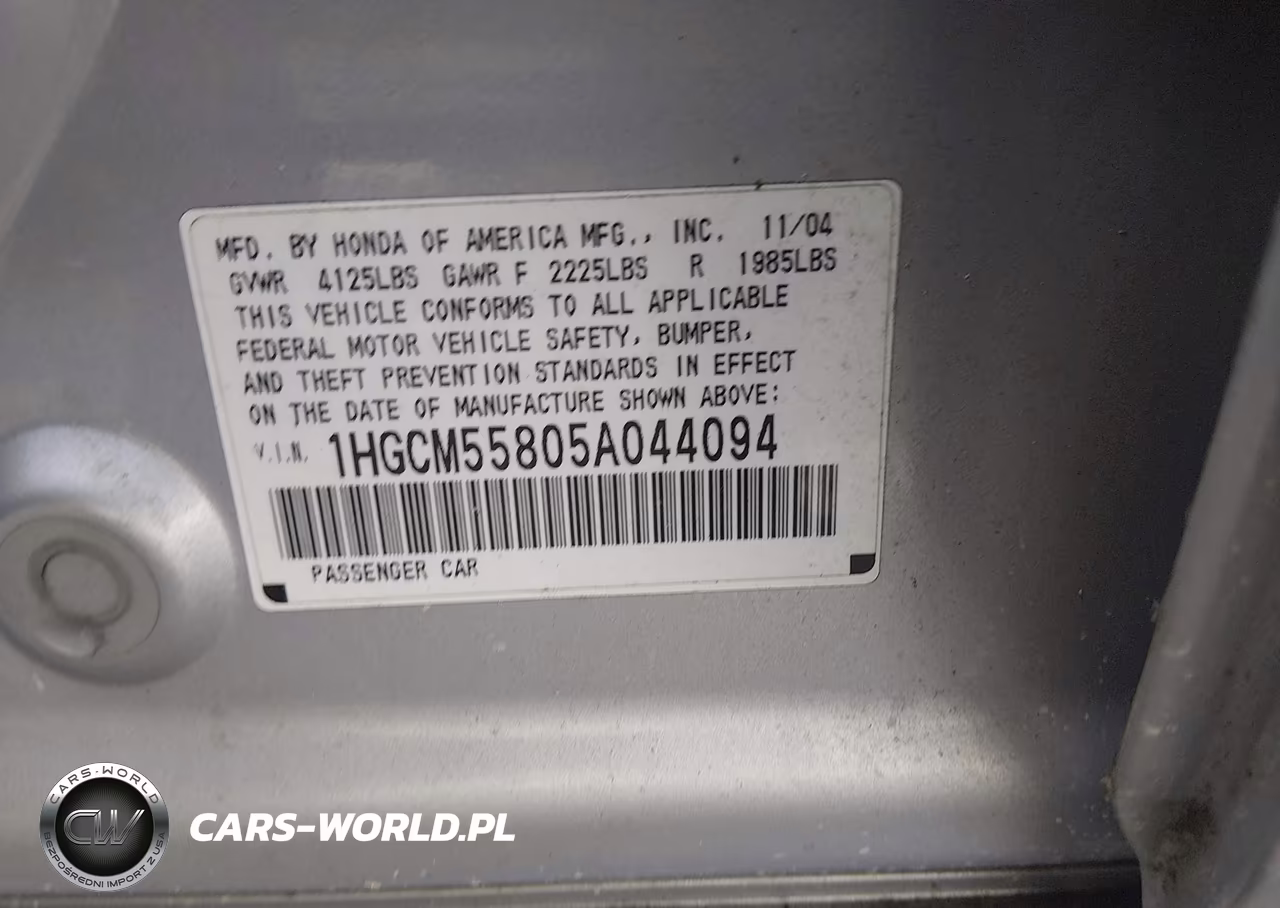 2005 Honda Accord 2.4 Ex VIN:1HGCM55805A044094 - 9