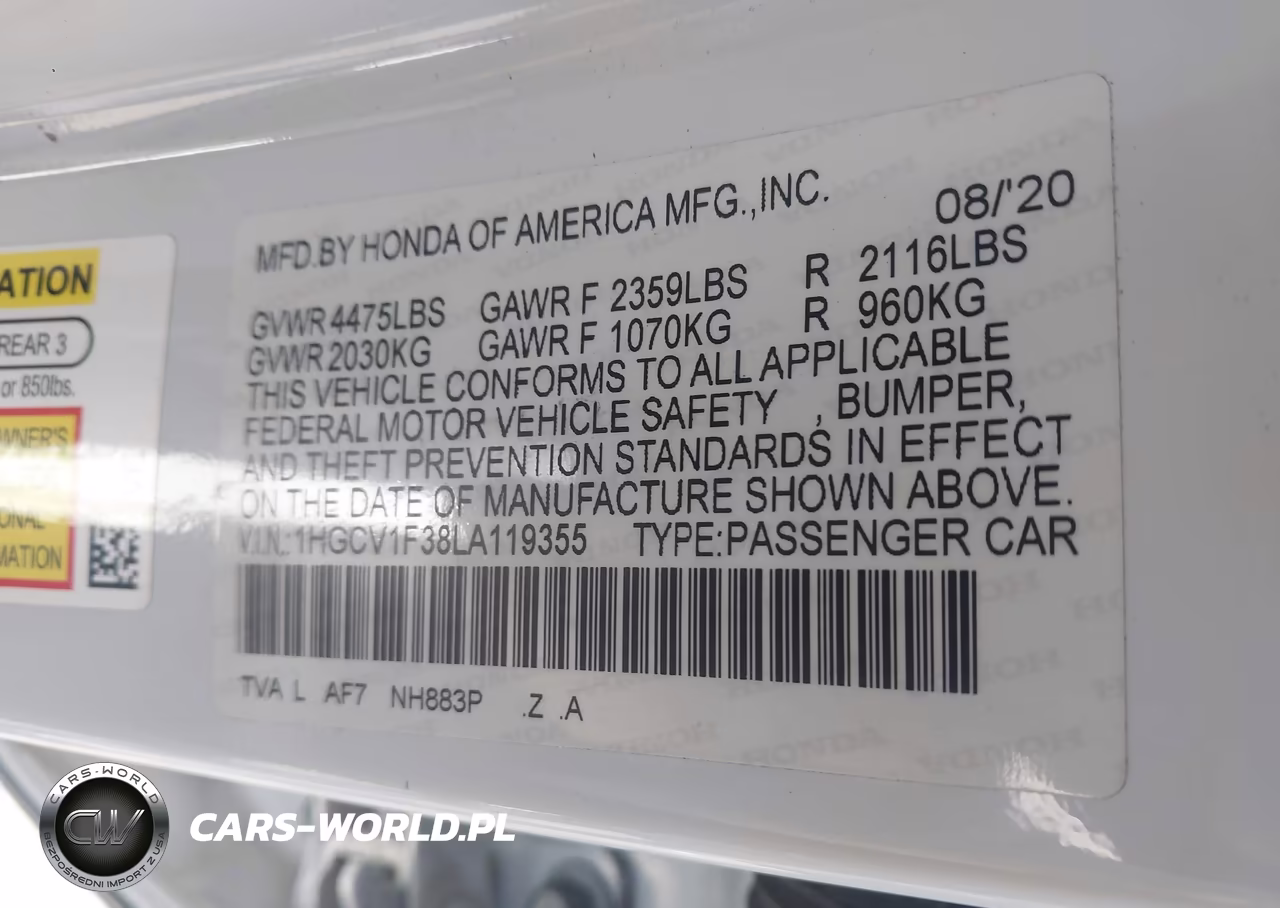 2020 Honda Accord Sport VIN:1HGCV1F38LA119355 - 9