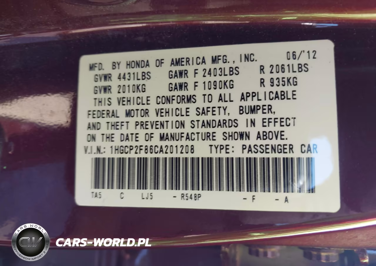 2012 Honda Accord 2.4 Ex-L VIN:1HGCP2F86CA201208 - 9