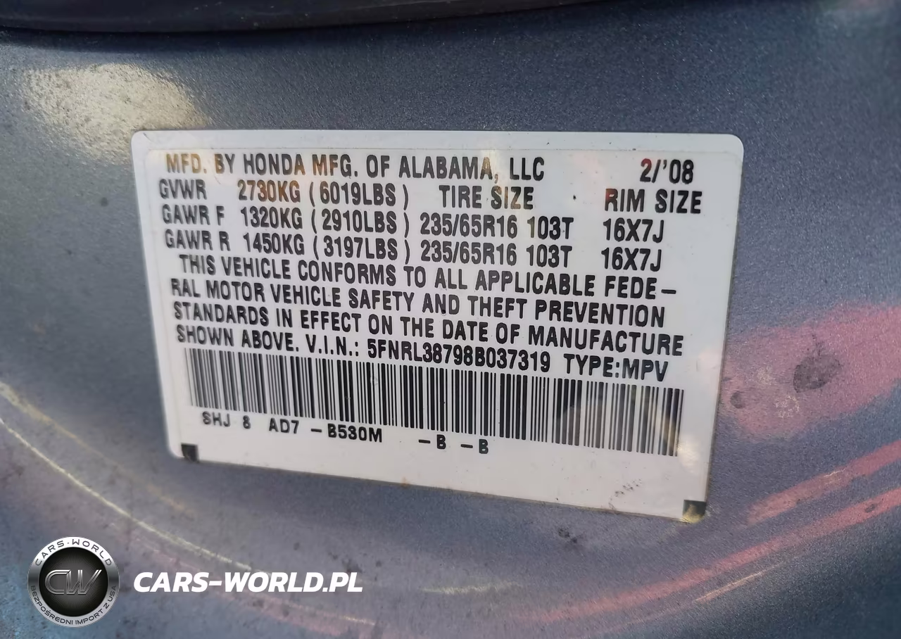 2008 Honda Odyssey Ex-L VIN:5FNRL38798B037319 - 9