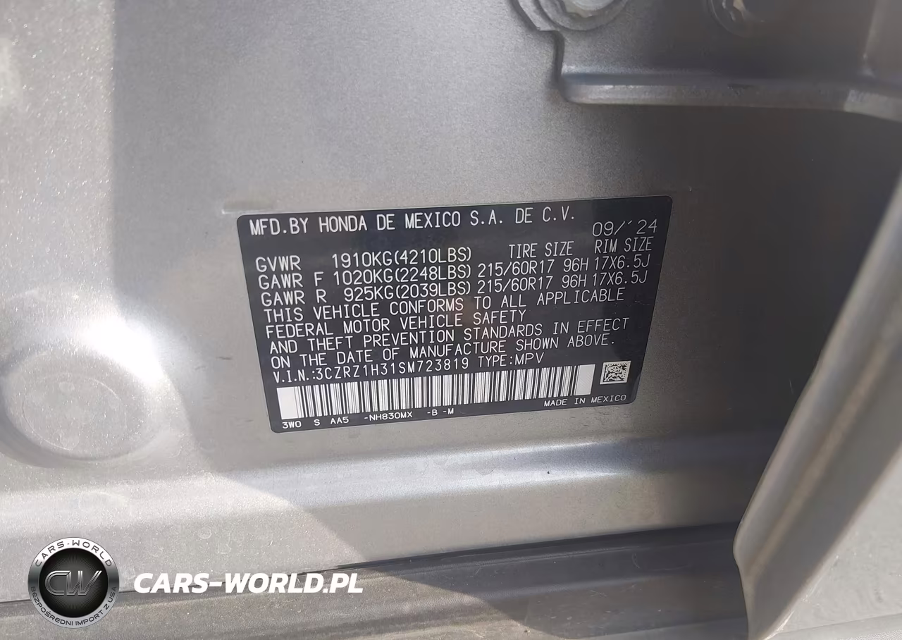 2025 Honda Hr-V Lx VIN:3CZRZ1H31SM723819 - 9