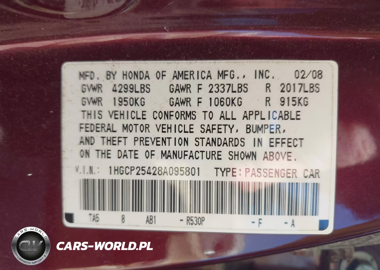 2008 HONDA ACCORD 2.4 LX-P VIN:1HGCP25428A095801 - 9