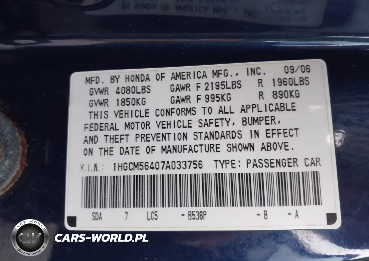 2007 Honda Accord 2.4 Lx VIN:1HGCM56407A033756 - 9