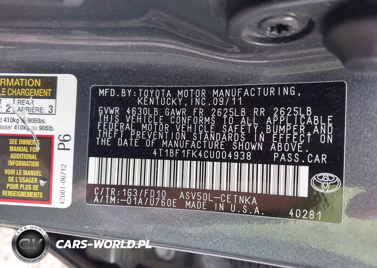 2012 Toyota Camry Le VIN:4T1BF1FK4CU004938 - 9