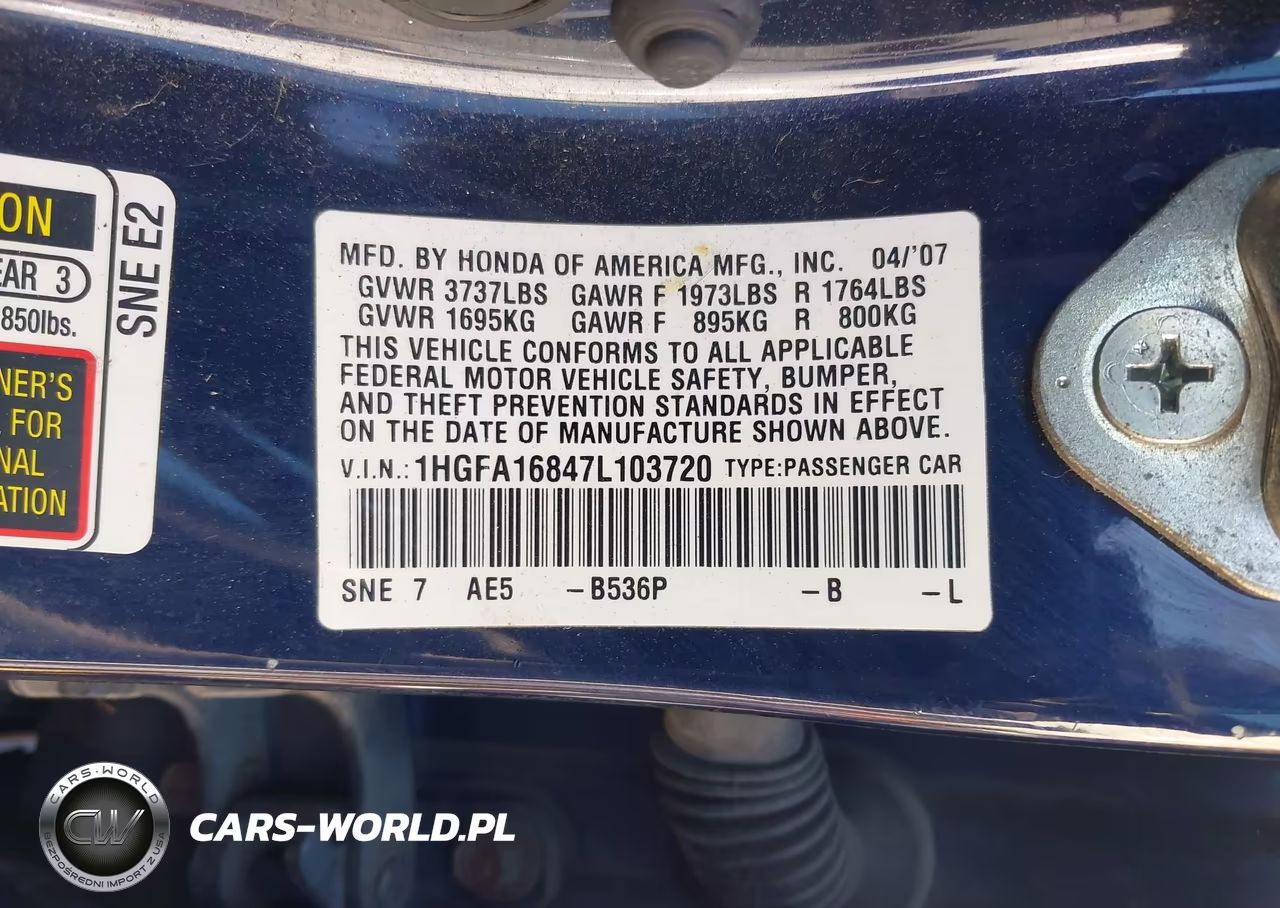 2007 Honda Civic Ex VIN:1HGFA16847L103720 - 9