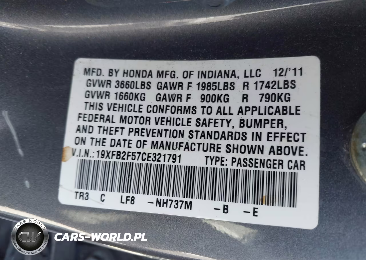 2012 Honda Civic Lx VIN:19XFB2F57CE321791 - 9