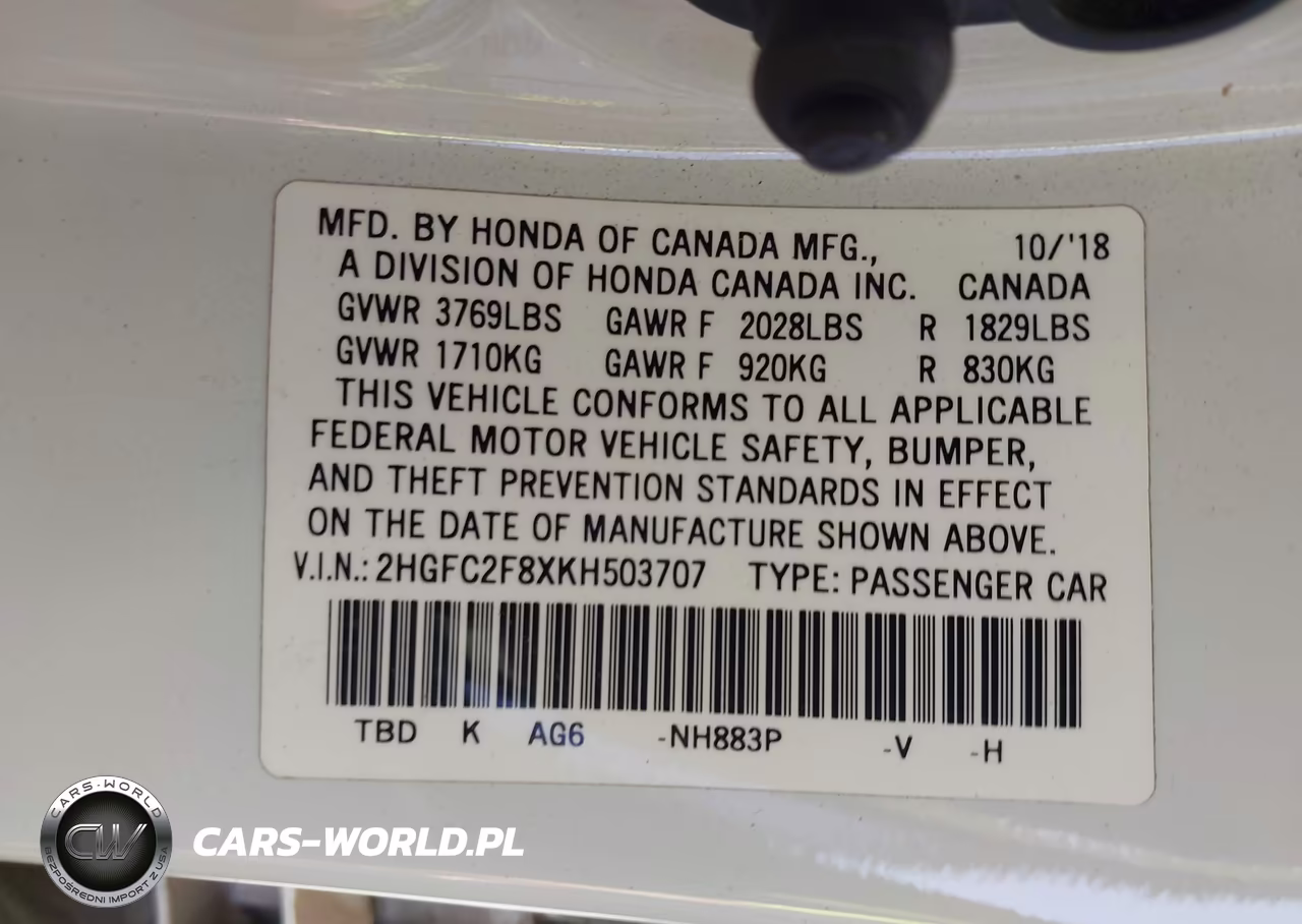 2019 Honda Civic Sport VIN:2HGFC2F8XKH503707 - 9