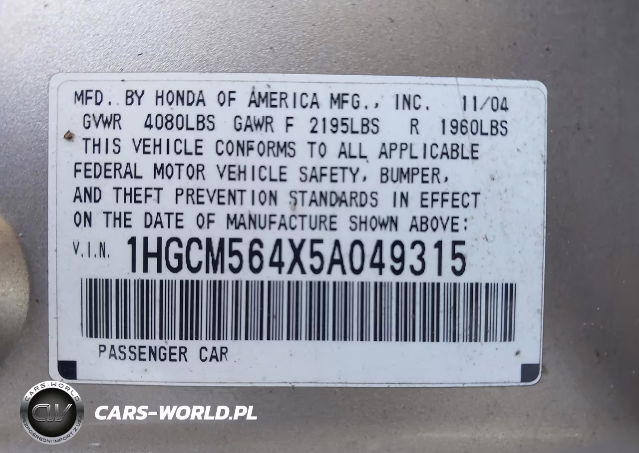 2005 Honda Accord 2.4 Lx VIN:1HGCM564X5A049315 - 9
