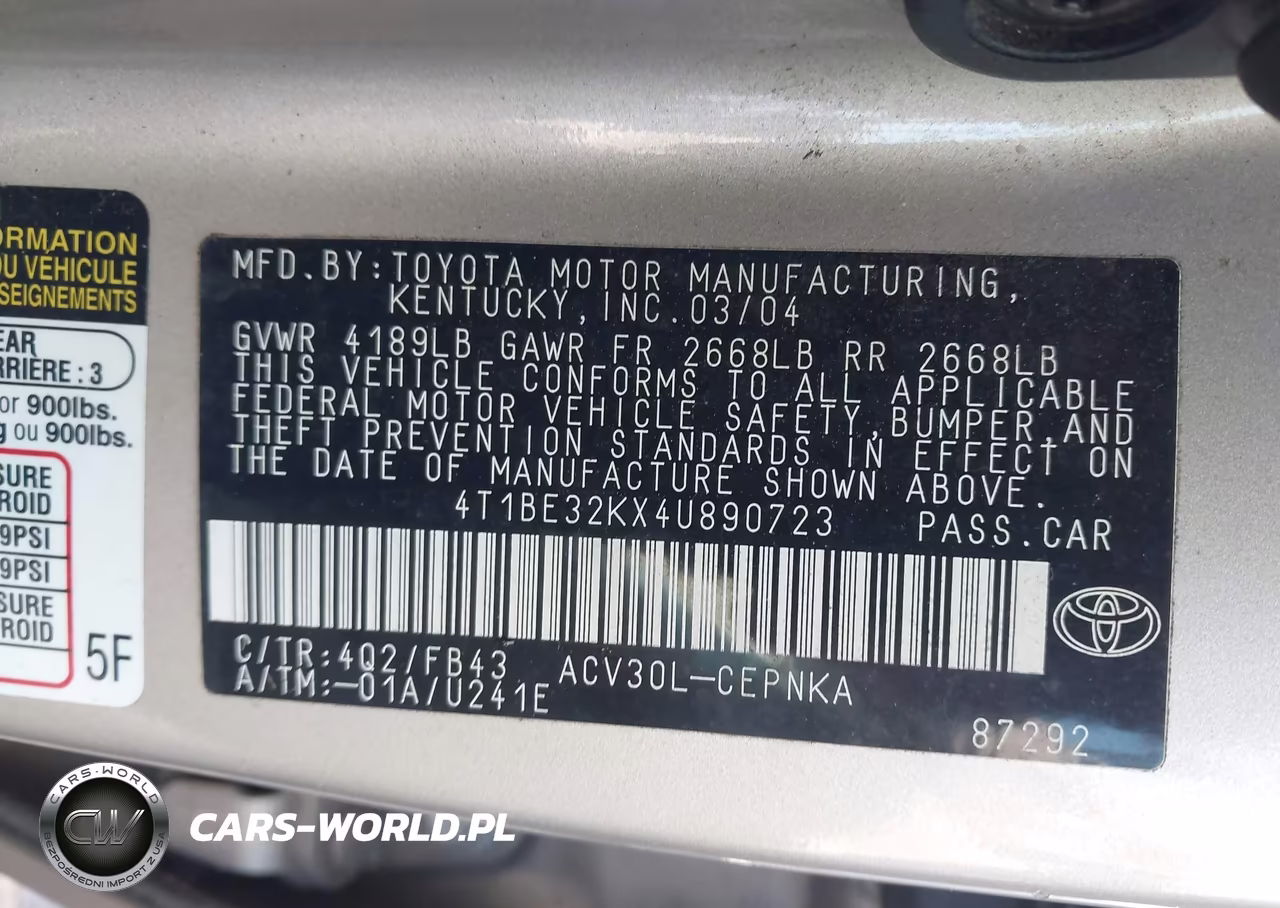 2004 Toyota Camry Le VIN:4T1BE32KX4U890723 - 9