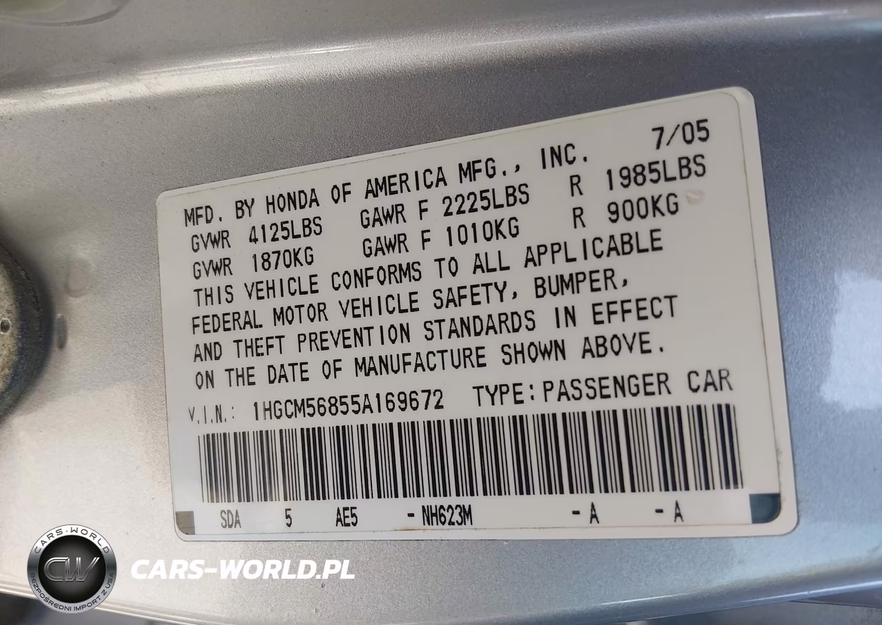 2005 Honda Accord 2.4 Ex VIN:1HGCM56855A169672 - 9