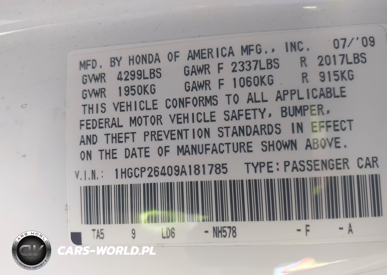 2009 Honda Accord 2.4 Lx-P VIN:1HGCP26409A181785 - 9