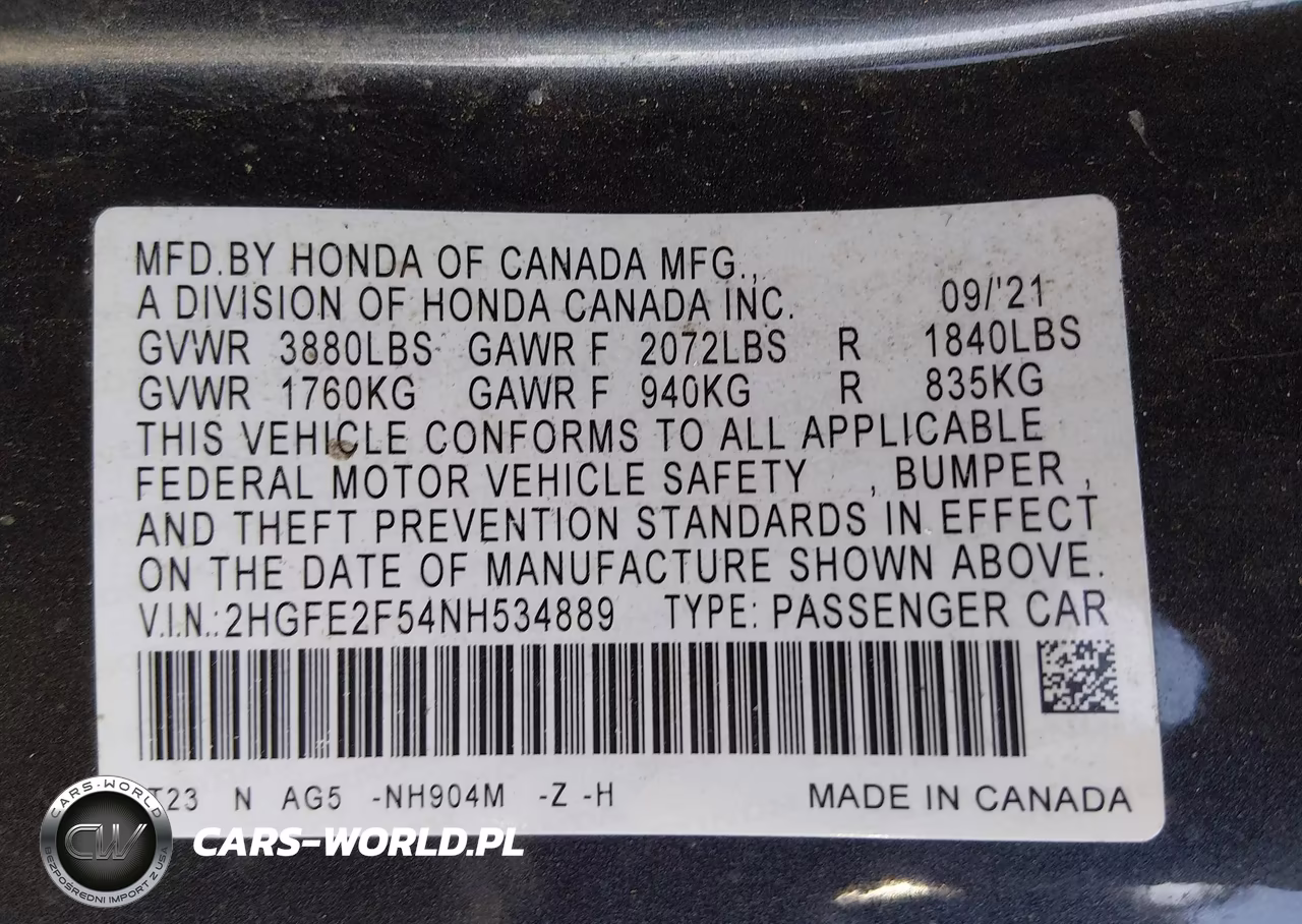 2022 Honda Civic Sport VIN:2HGFE2F54NH534889 - 9