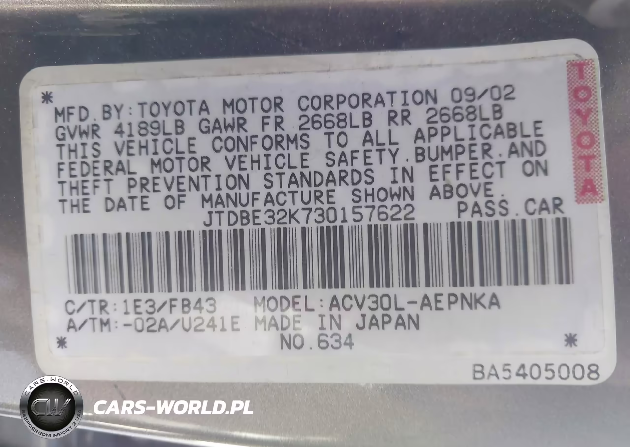 2003 Toyota Camry Le VIN:JTDBE32K730157622 - 9