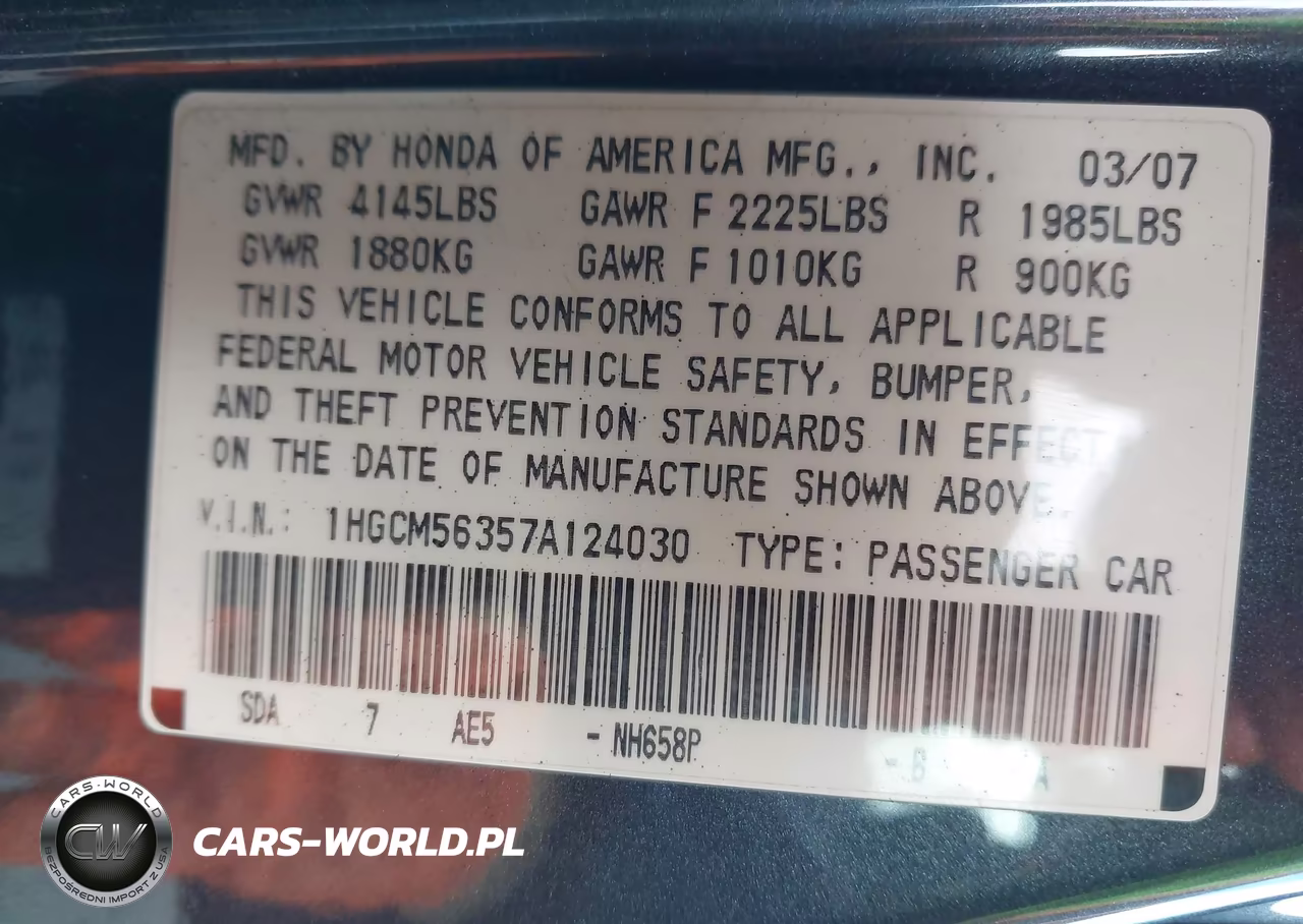 2007 Honda Accord 2.4 Se VIN:1HGCM56357A124030 - 9