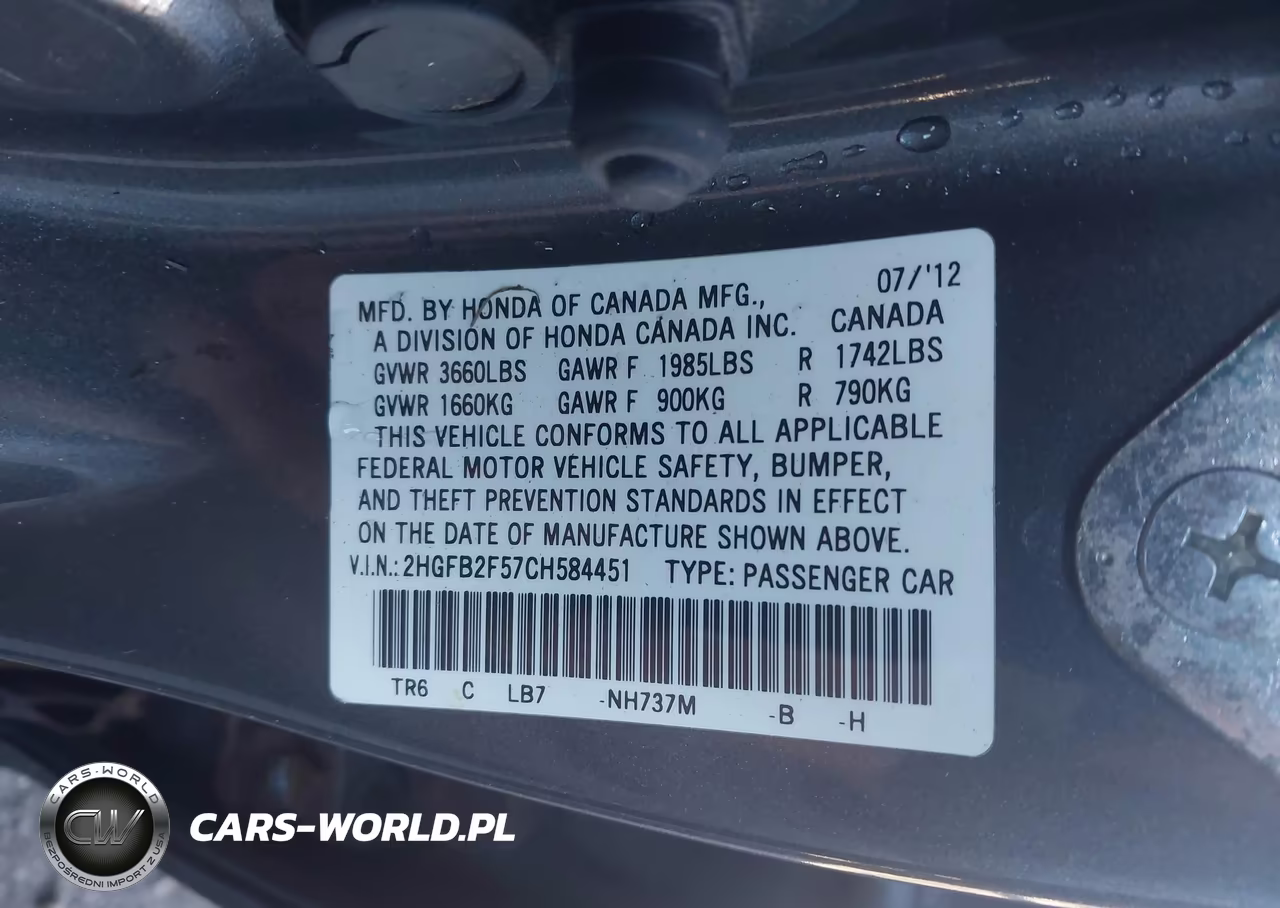 2012 Honda Civic Lx VIN:2HGFB2F57CH584451 - 9