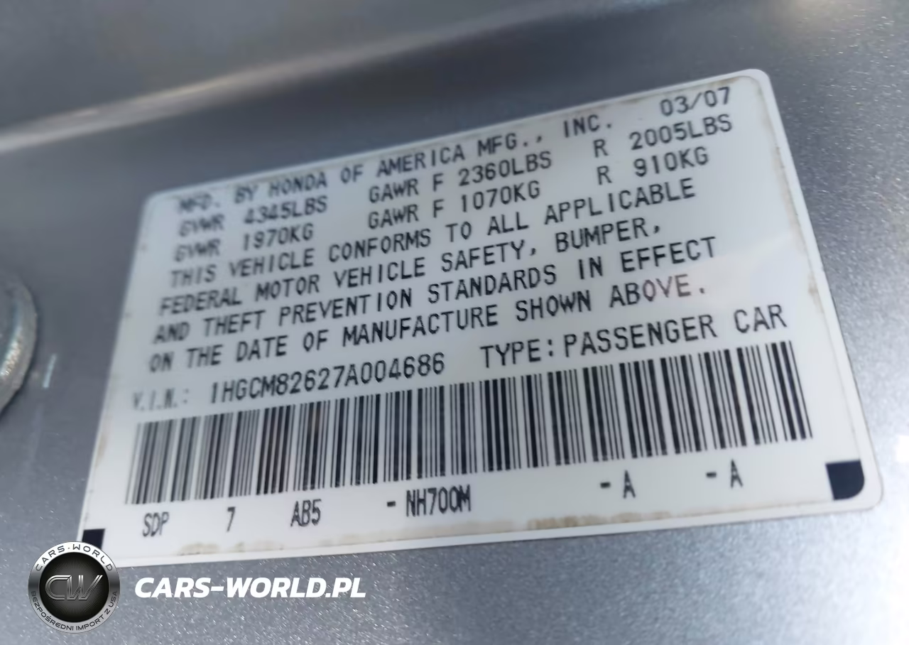 2007 Honda Accord 3.0 Ex VIN:1HGCM82627A004686 - 9