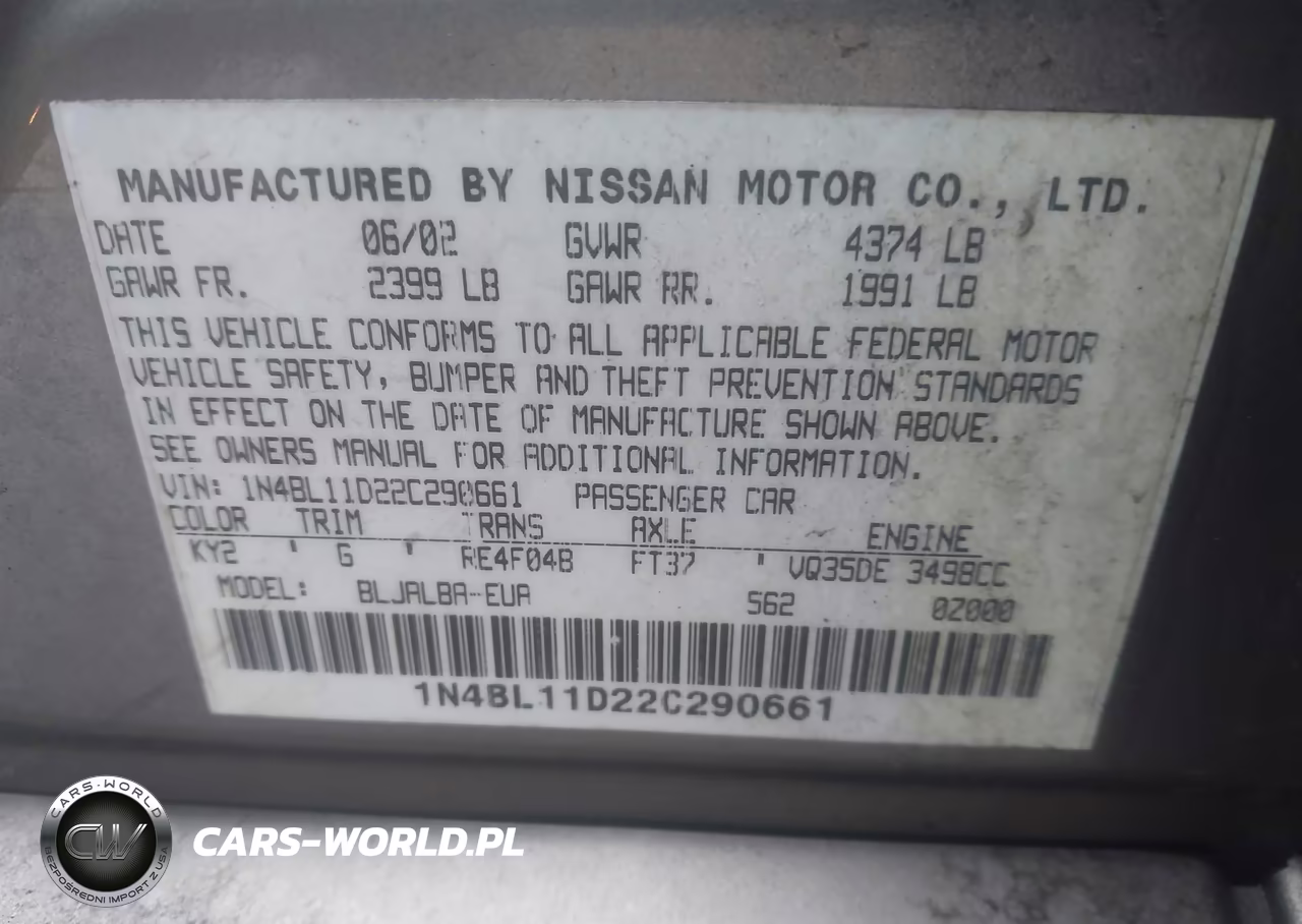 2002 Nissan Altima 3.5 Se VIN:1N4BL11D22C290661 - 9