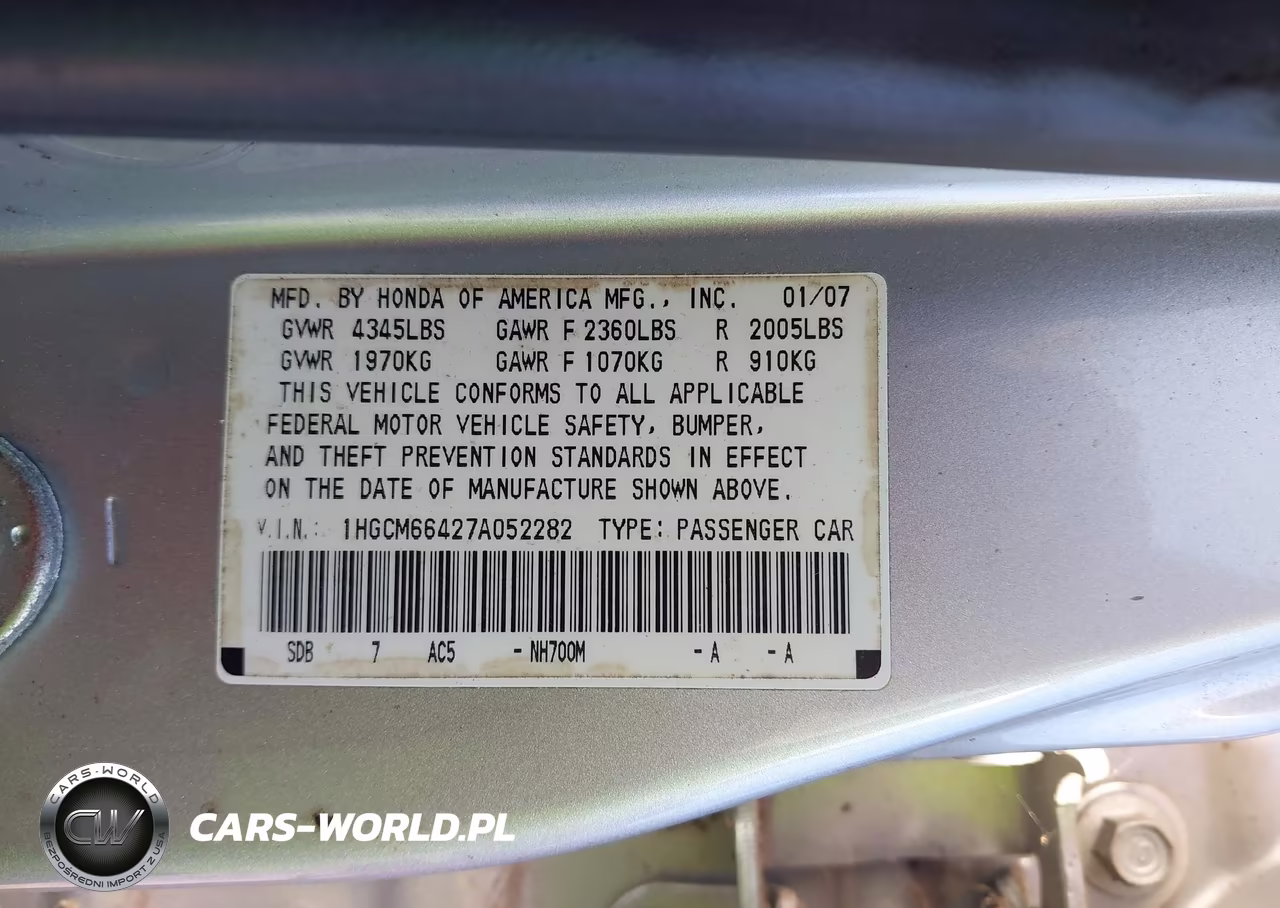 2007 Honda Accord 3.0 Se VIN:1HGCM66427A052282 - 9