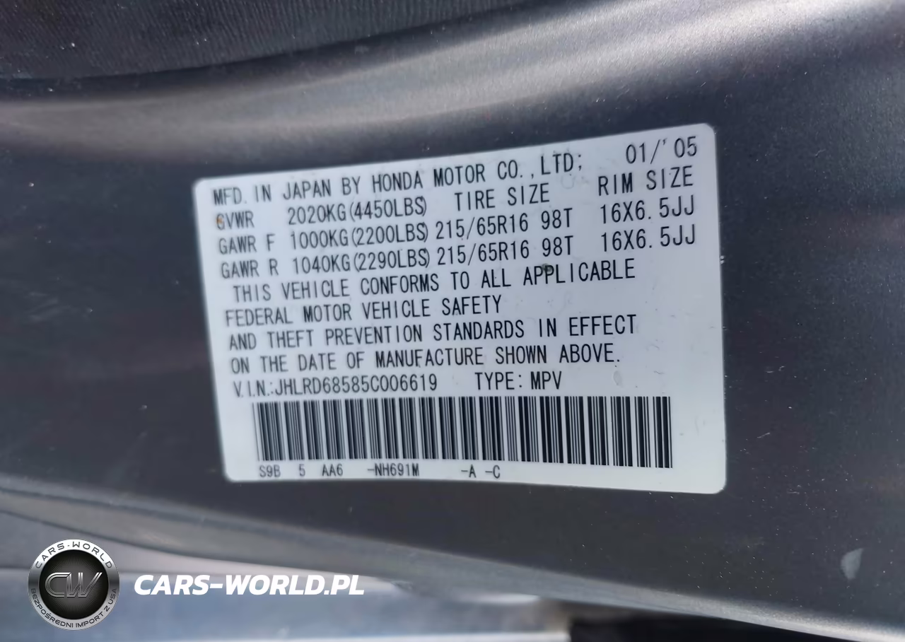 2005 Honda Cr-V Lx VIN:JHLRD68585C006619 - 9