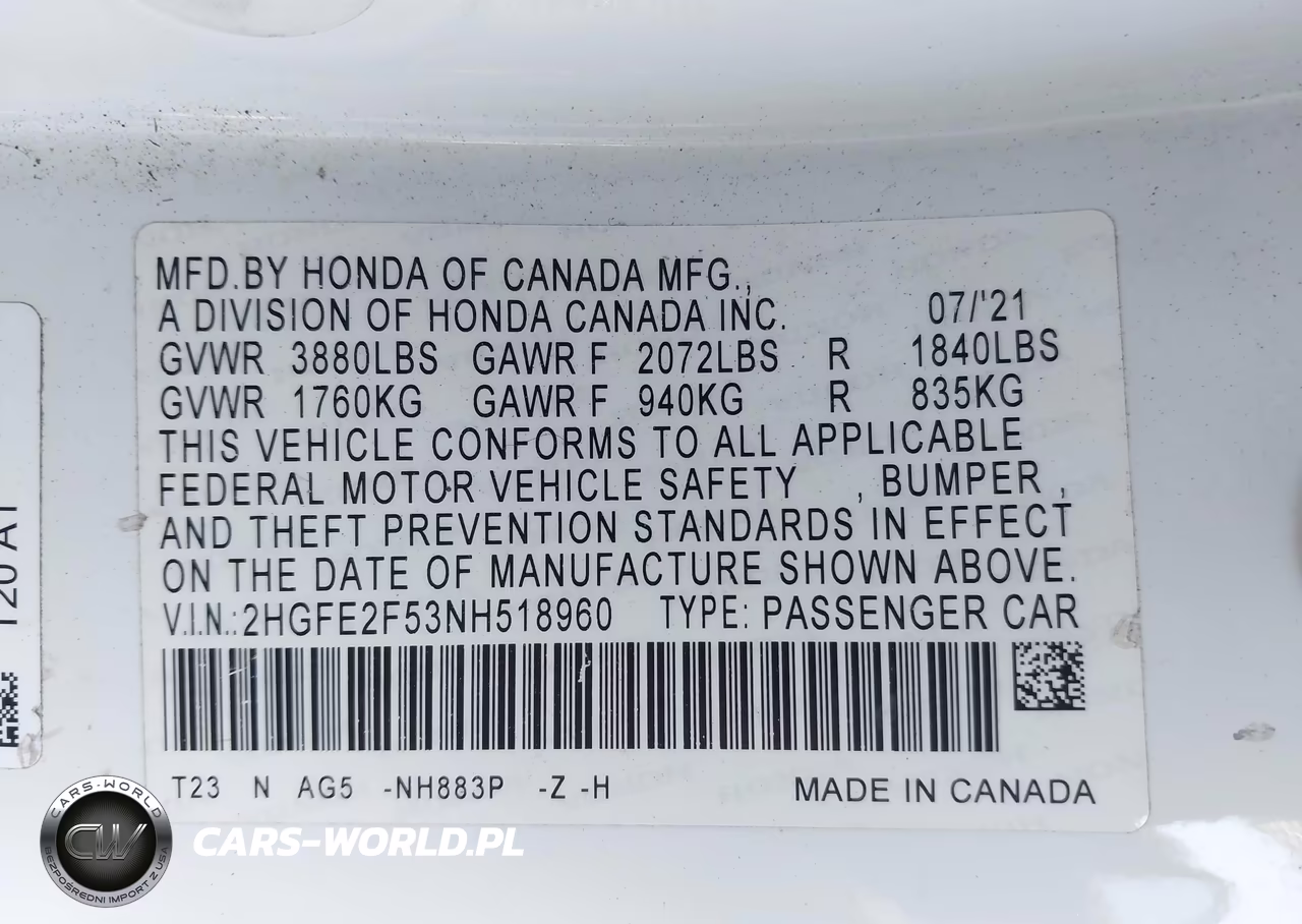 2022 Honda Civic Sport VIN:2HGFE2F53NH518960 - 9