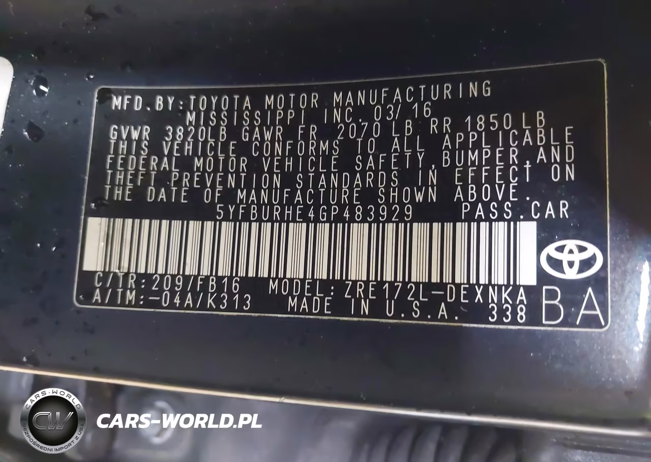 2016 Toyota Corolla Le VIN:5YFBURHE4GP483929 - 9