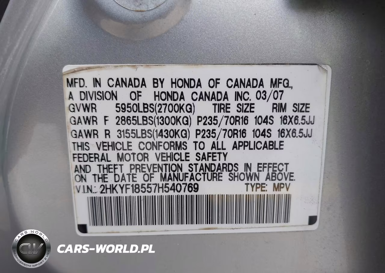 2007 Honda Pilot Ex-L VIN:2HKYF18557H540769 - 9