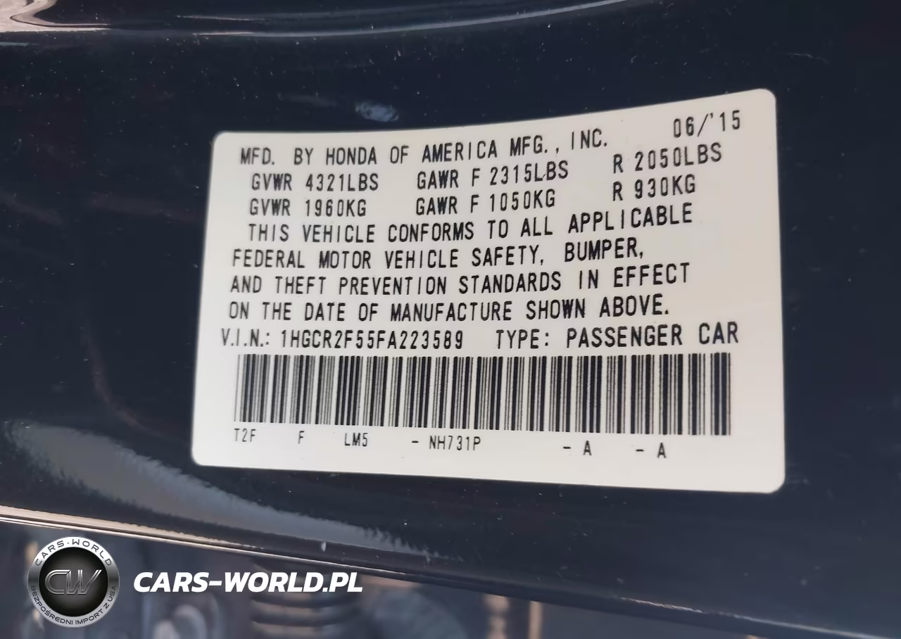 2015 Honda Accord Sport VIN:1HGCR2F55FA223589 - 9