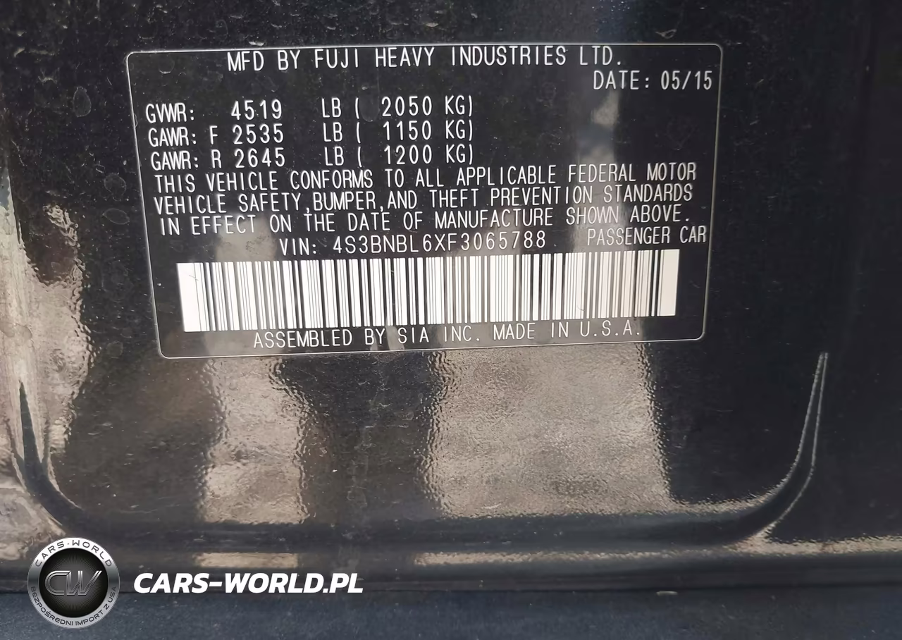 2015 Subaru Legacy 2.5I Limited VIN:4S3BNBL6XF3065788 - 9