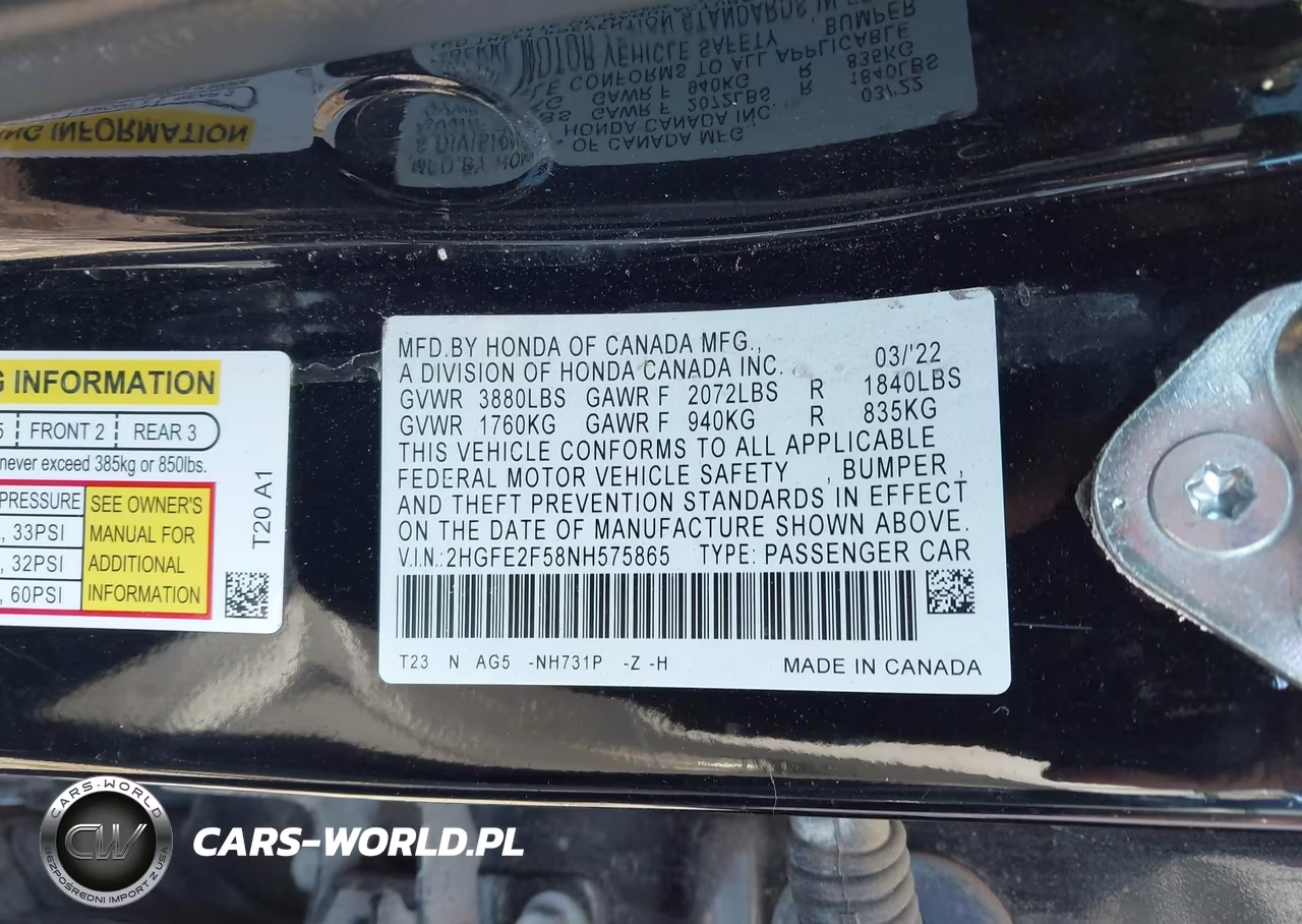 2022 Honda Civic Sport VIN:2HGFE2F58NH575865 - 9