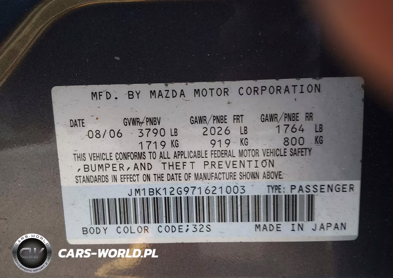 2007 Mazda Mazda3 I VIN:JM1BK12G971621003 - 9