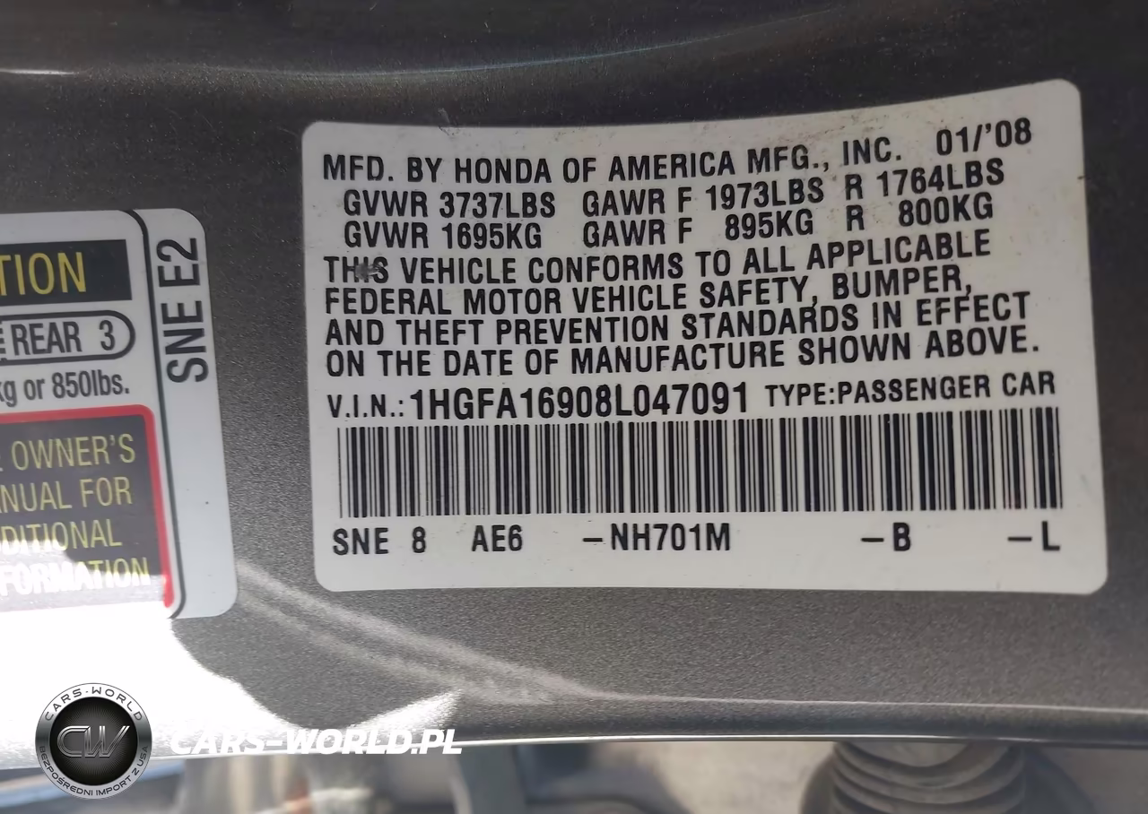 2008 Honda Civic Ex-L VIN:1HGFA16908L047091 - 9