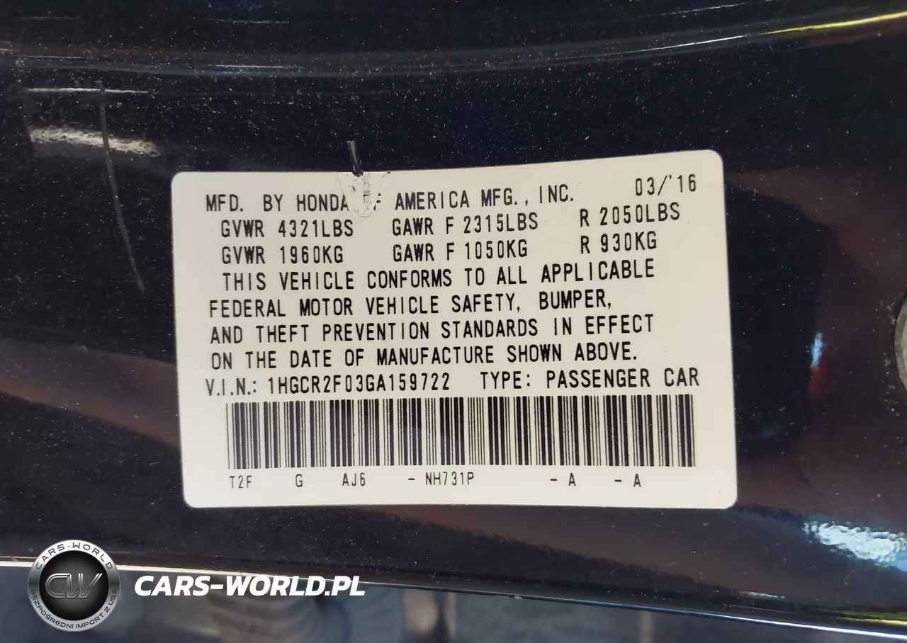 2016 Honda Accord Ex VIN:1HGCR2F03GA159722 - 9