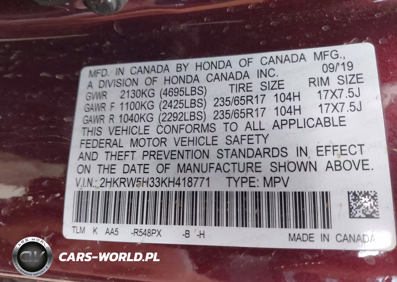 2019 Honda Cr-V Lx VIN:2HKRW5H33KH418771 - 9
