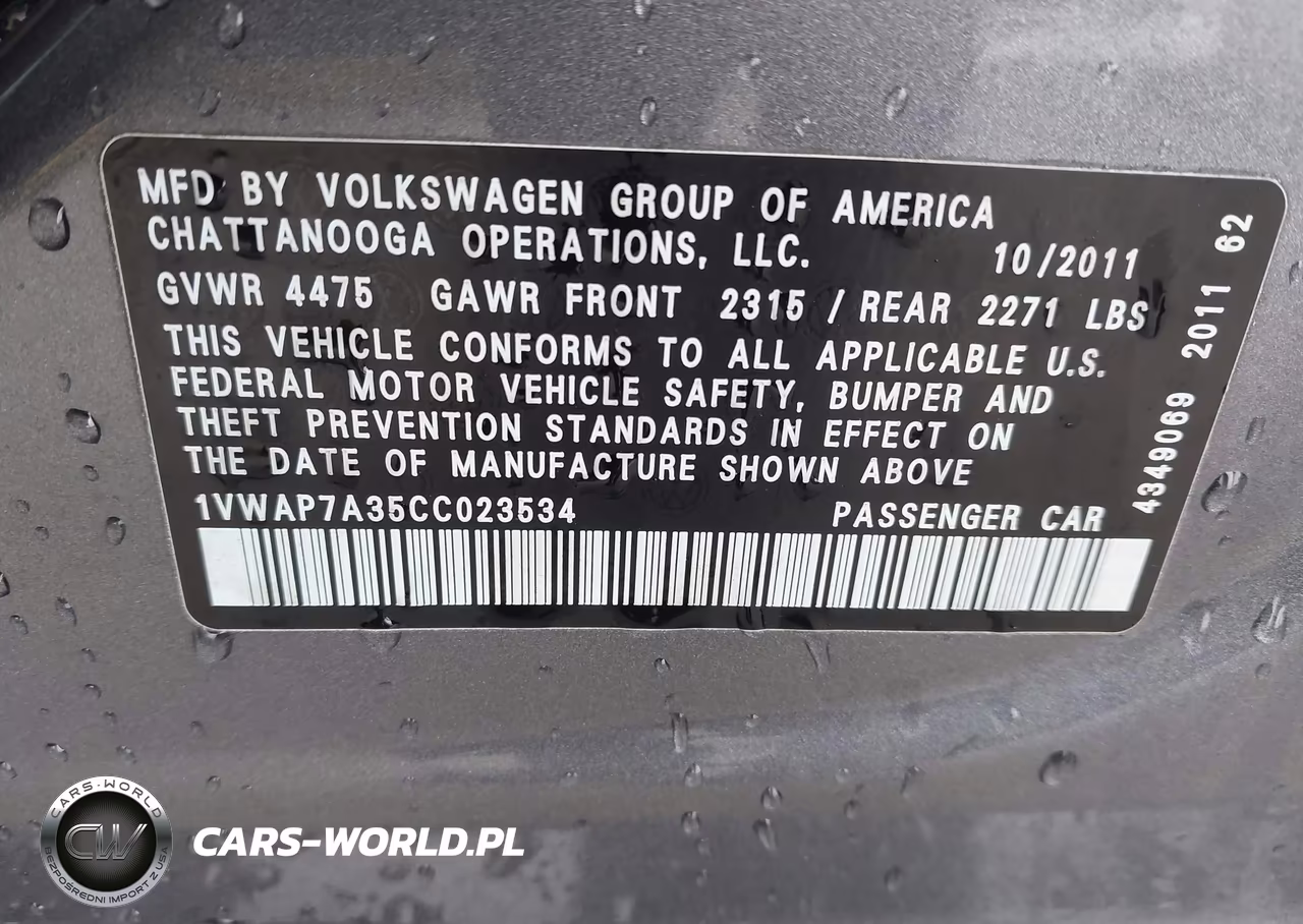 2012 Volkswagen Passat 2.5L S VIN:1VWAP7A35CC023534 - 9